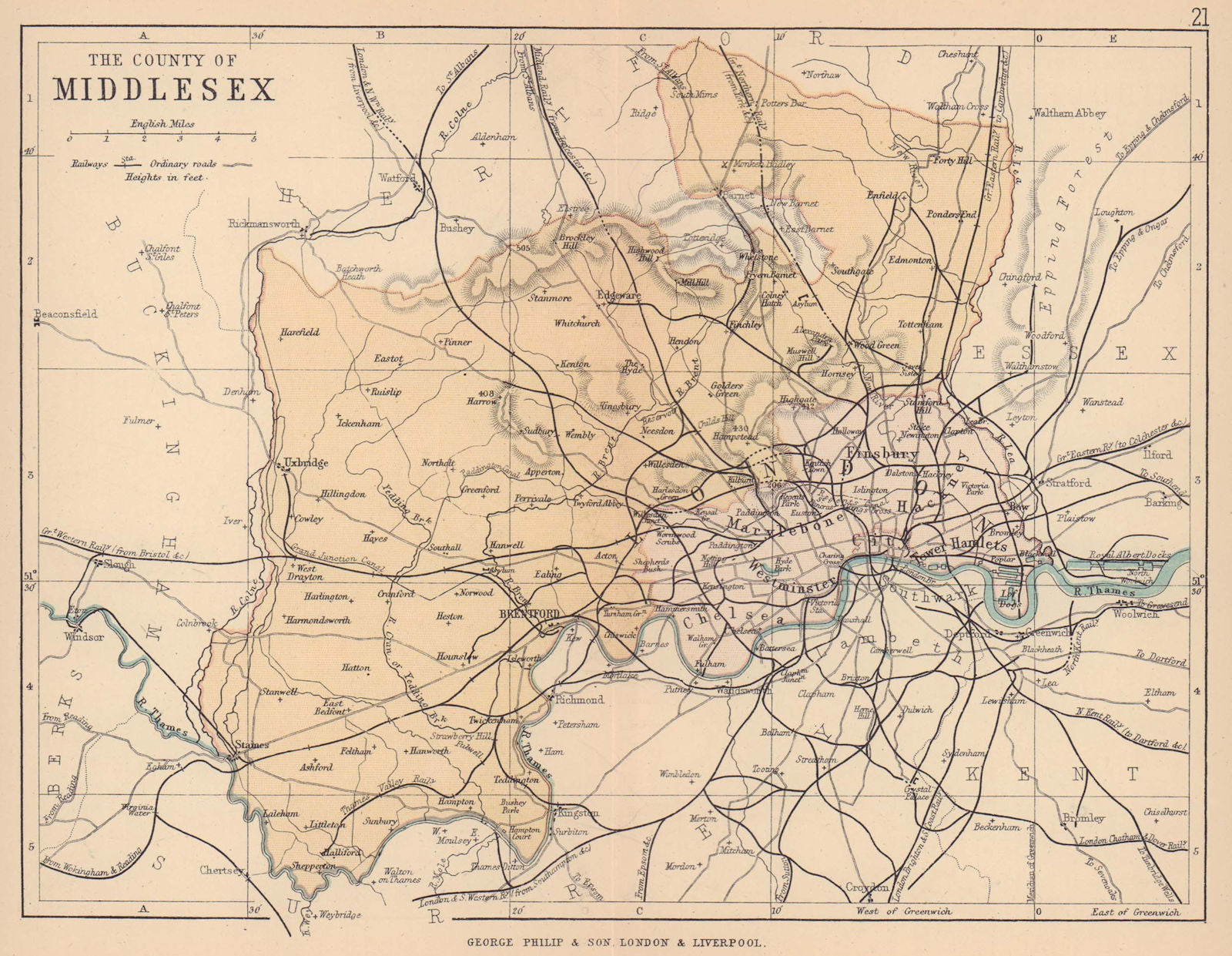 MIDDLESEX. Antique county map. Railways roads. London. PHILIP 1885 old